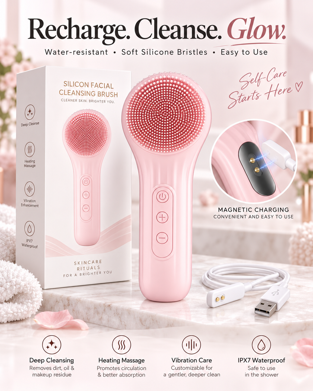 Heatable Vibrating Silicone Facial Cleansing Brush