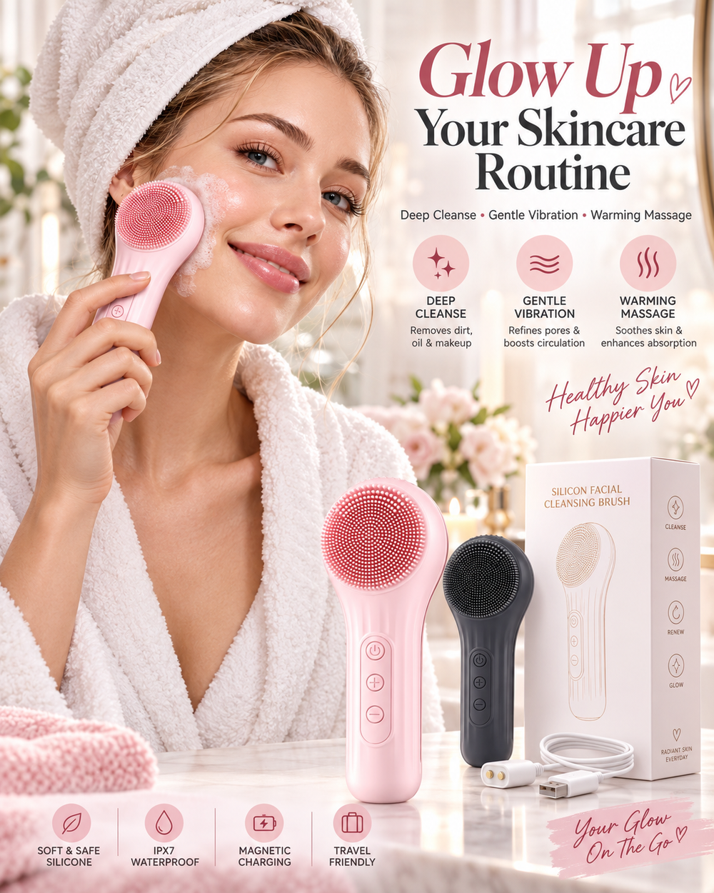 Heatable Vibrating Silicone Facial Cleansing Brush