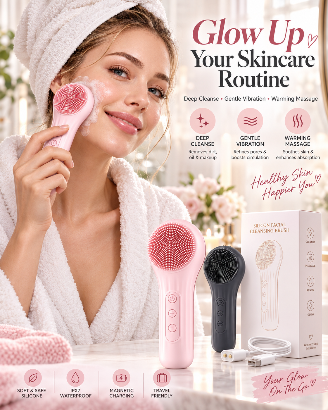 Heatable Vibrating Silicone Facial Cleansing Brush
