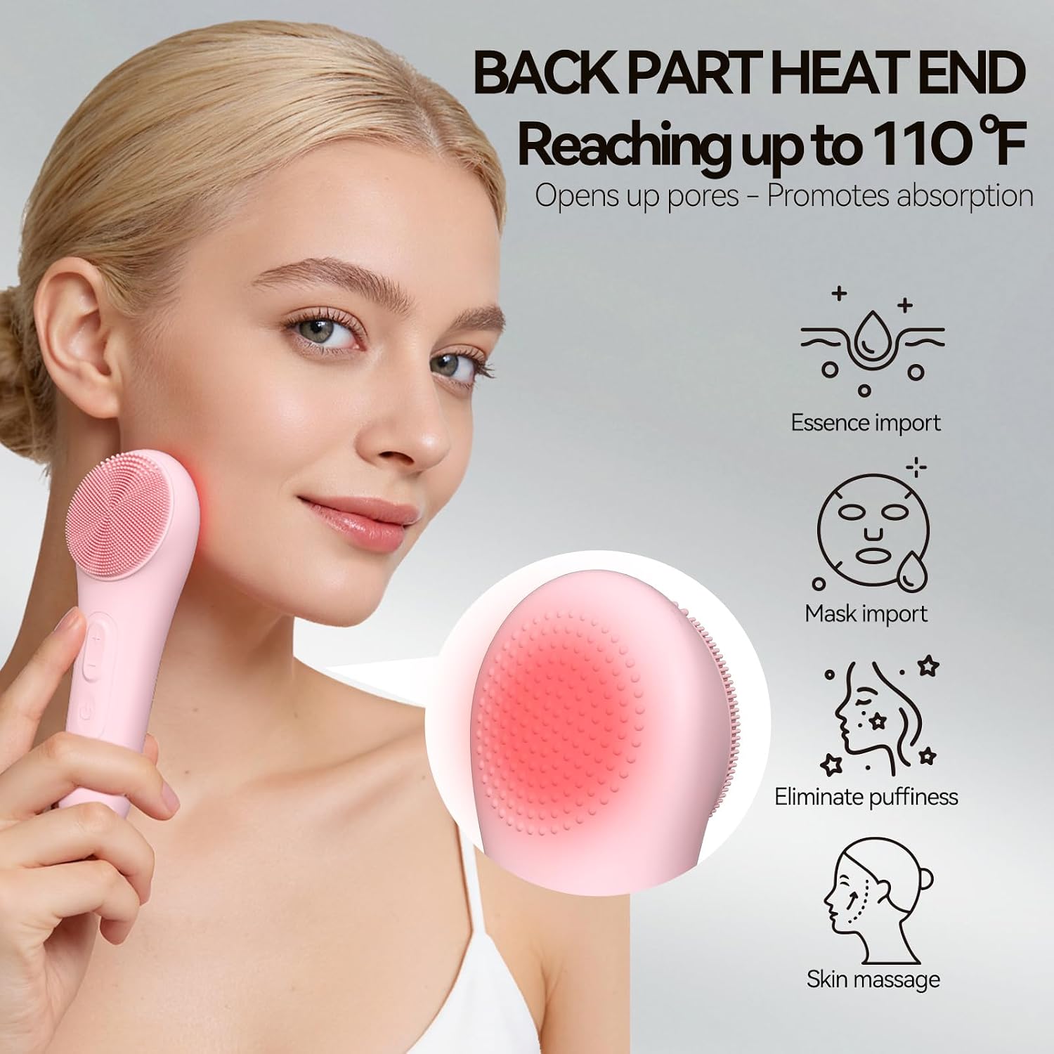 Rechargeable Silicone Facial Cleansing Brush for Women & Men - 5 Modes Waterproof Face Scrubber with Heat Massage, Deep Cleansing & Exfoliating Electric Face Brush (Pink)